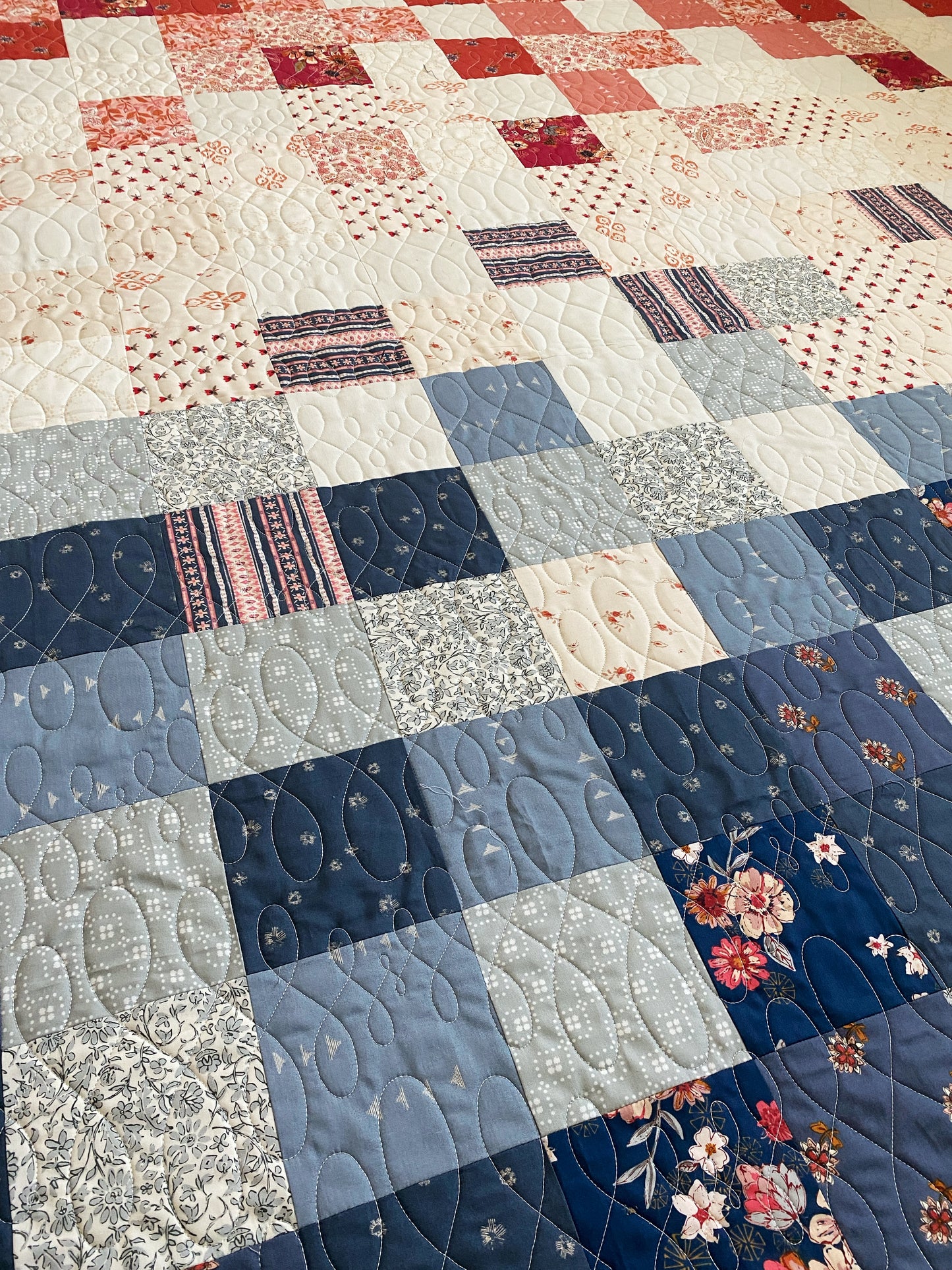 Moms Scraps, Patchwork Squares, Red-White-Blue Paisley