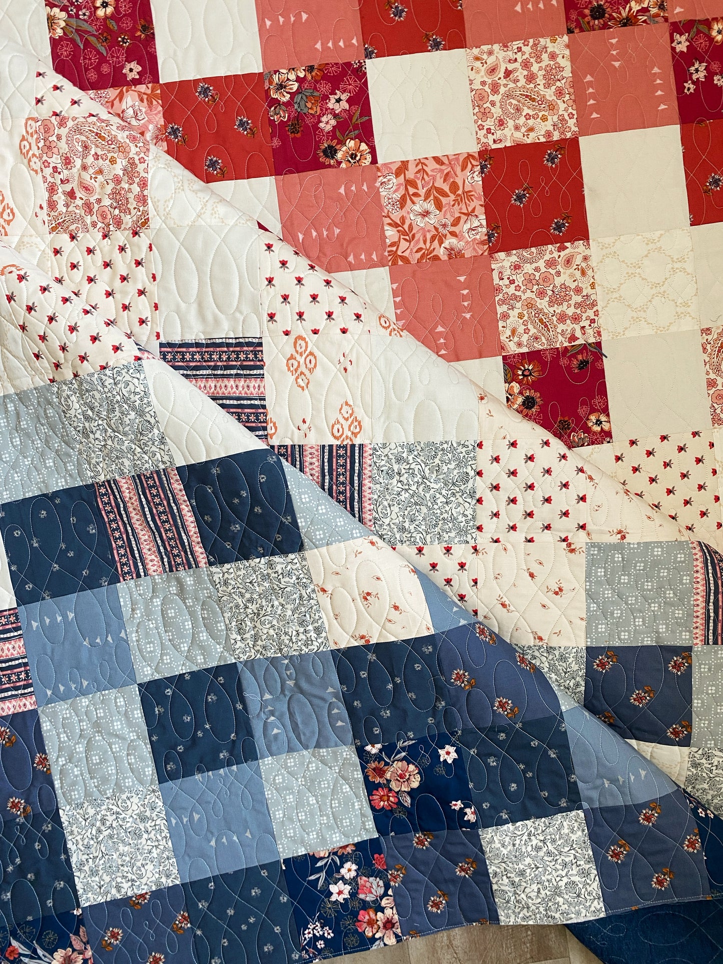 Moms Scraps, Patchwork Squares, Red-White-Blue Paisley