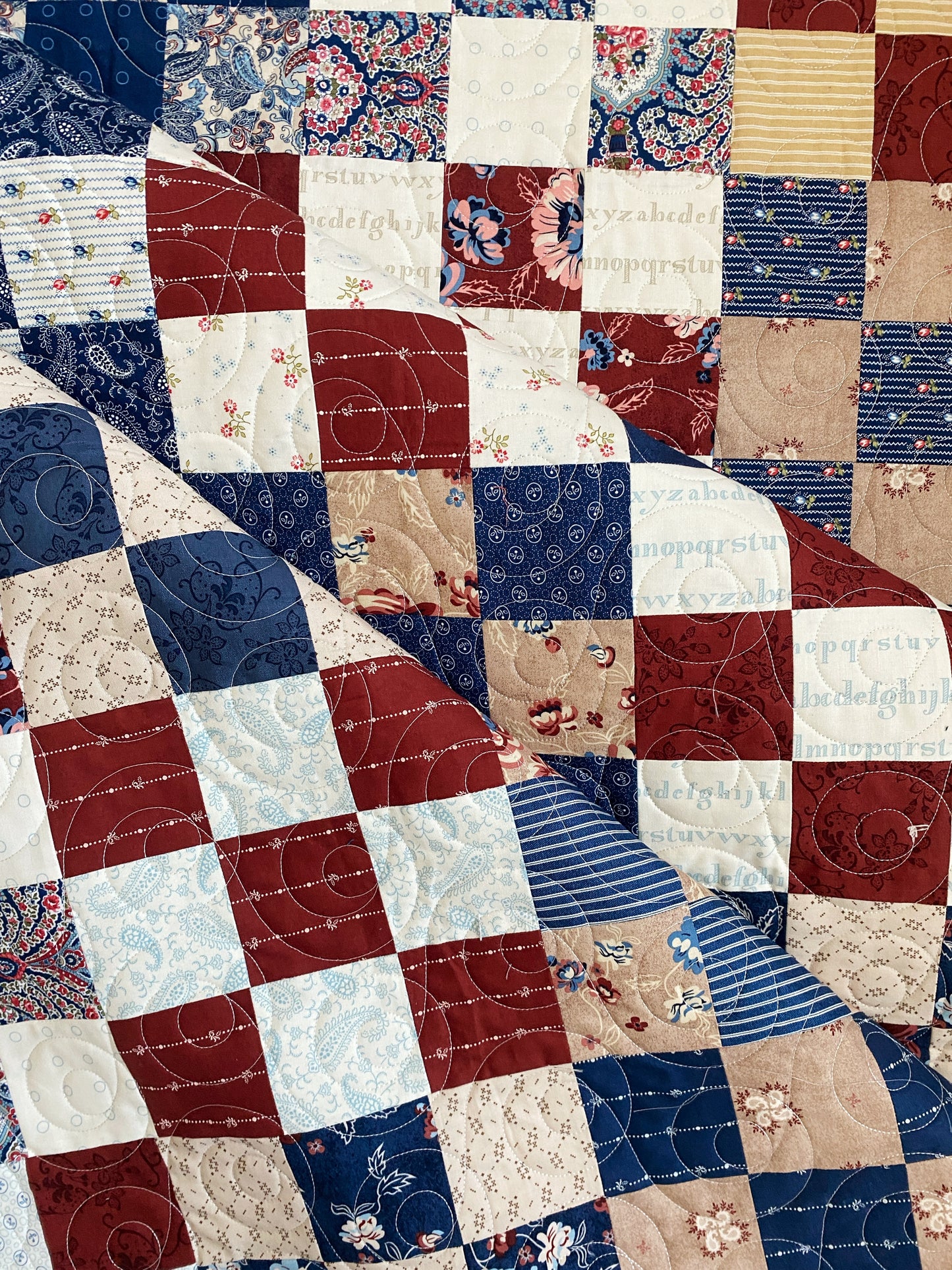 Moms Scraps, Patchwork Squares, Red-White-Blue Paisley