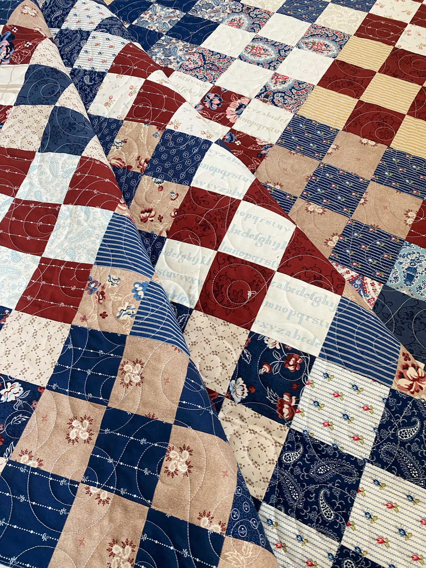 Moms Scraps, Patchwork Squares, Red-White-Blue Paisley